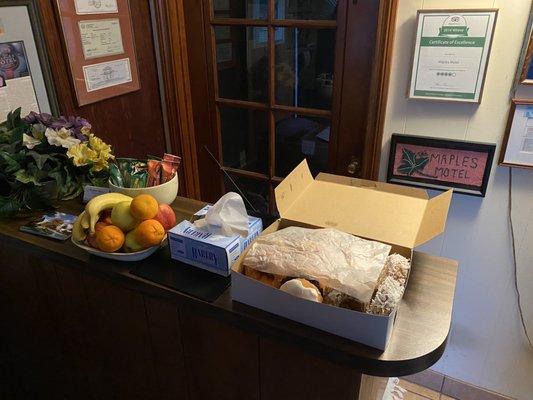 Delicious donuts, fruit and granola bars every morning by 7am!