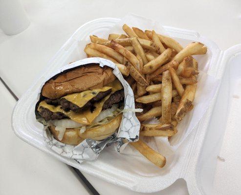 Double steakburger with fries.