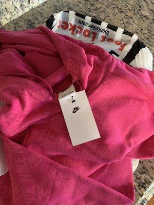 Pink NIKE hoodie for my daughter. This color sweatshirt is VERY hard to find. Cannot believe they had one here.