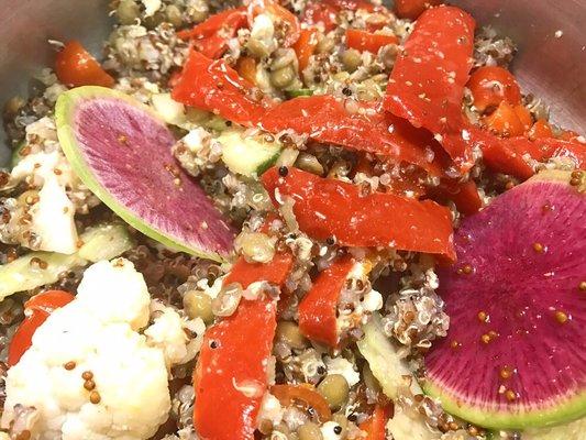 Good life bowl... lentils, quinoa, tomato, cucumber, pickled cauliflower, roasted pepper, rainbow radish, feta