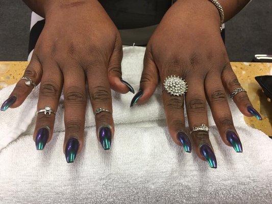 Coffin style nails with chrome seal with Gel topcoat