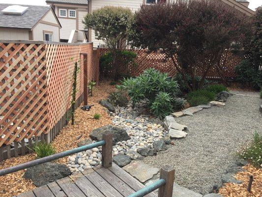 Lattice fence, bridge, path, and creek bed