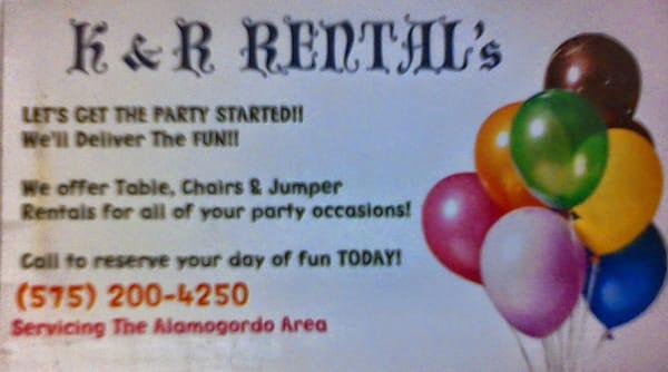 K & R RENTALS  SERVICING THE ALAMOGORDO AREA IN OFFERING THE BEST DEALS IN QUALITY TABLES , CHAIRS, AND JUMPER RENTALS!