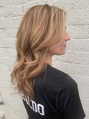 Honey toned balayage with root touch up