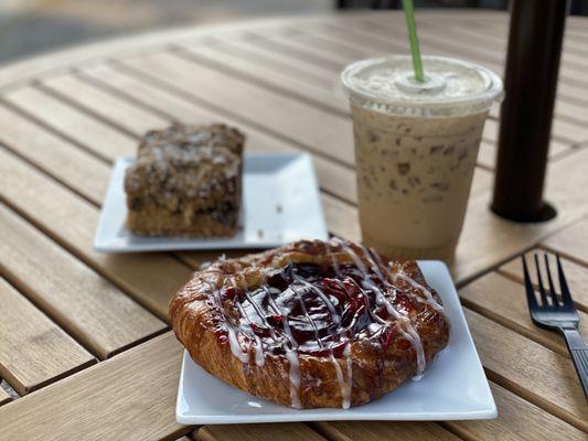 Raspberry Danish, Coffee streusel cake and White Chocolate Mocha.