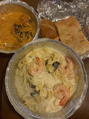 My leftovers!  Stuffed mushrooms, Shrimp Fettuccine & bread!!!