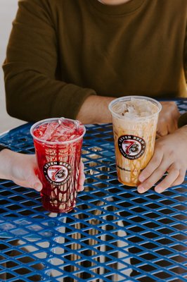 Some things are better together like our Iced 7 Energy & Iced Caramel Macchiato