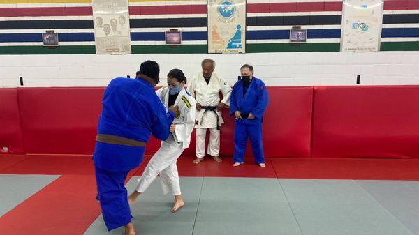 Sensei Allen Kipper teaching class.  Wiilly Cahill watching their technique.