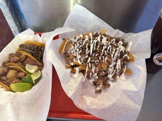 tacos de tripa asada and nachos locos