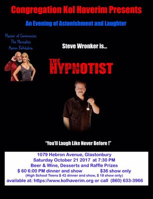 Come on down for a great comedy hypnotist show tonight with beer, wine & dessert.