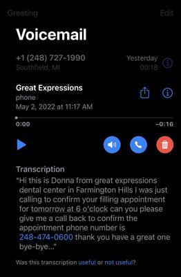 Voicemail transcript received Monday, May 2, 2022 regarding my appointments Tuesday, May 3rd.