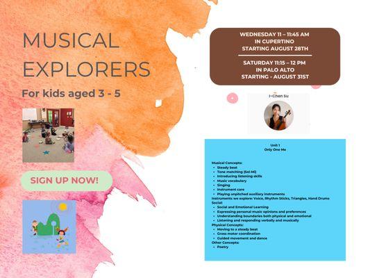 Sign up now for our Musical Explorers class for kids aged 3 - 5 years old.