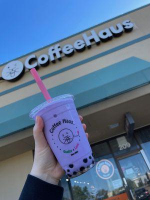 Blended taro bubble tea with boba! Soooo yummy.