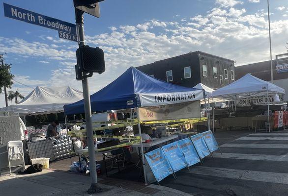 Main Tents, Information, Tamales behind it to the left, Fruit across from Info to the right