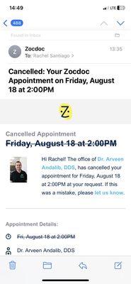 Email notification that my appointment was cancelled after leaving the office.