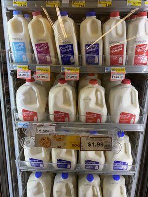 1/2 gal milk $1.29 (normal price) less then Aldi.  Whole gallon $1.99 (sale price)