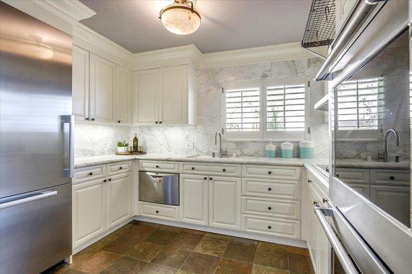 Fabulous marble laden kitchen in San Carlos condo, sold 2021.