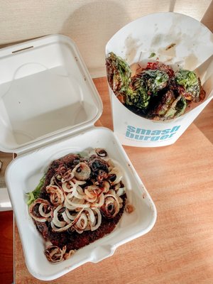 Black Bean Patty with Grilled Onions and Brussel Sprouts