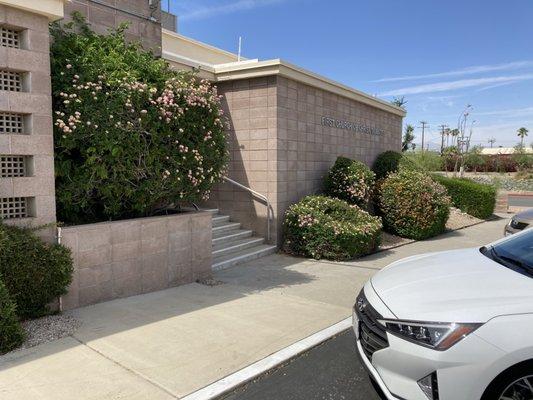 Side entrance to the church from the parking lot