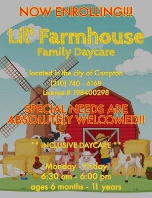 Daycare for children 6months to 11 years old.  Monday-Friday 6:30am-6pm accepting subsidies payments.