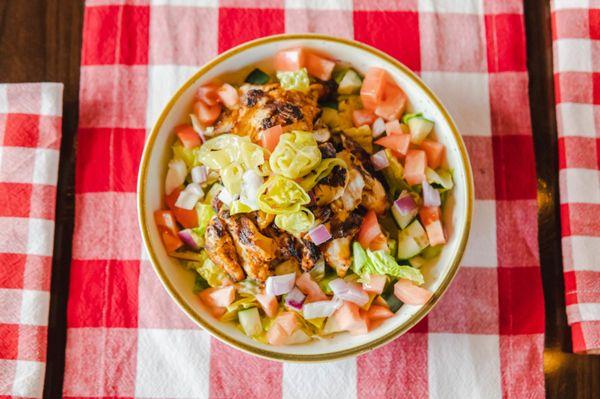 Greco Salad. Mediterranean style w/ cucumbers, tomatoes, red onion, kalamata olives, & feta cheese served with balsamic viniagrette.