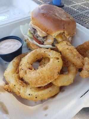 Burger with onion rings