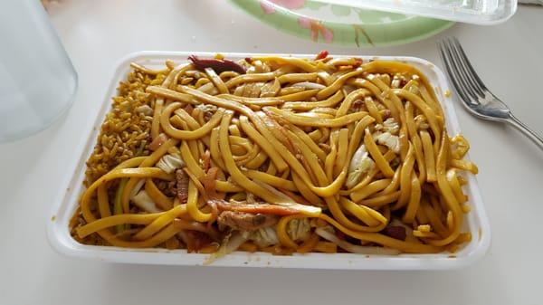 Pork lo mein dinner combination plate. Not pictured: complimentary egg roll.