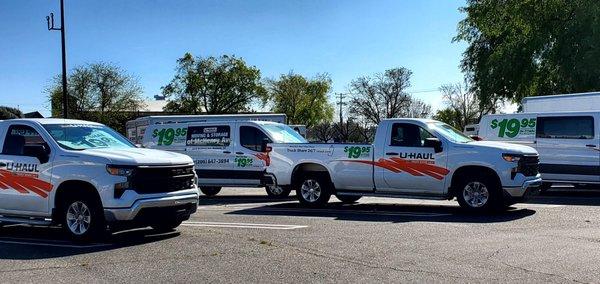 Partial fleet of truck and van rentals at Uhaul.