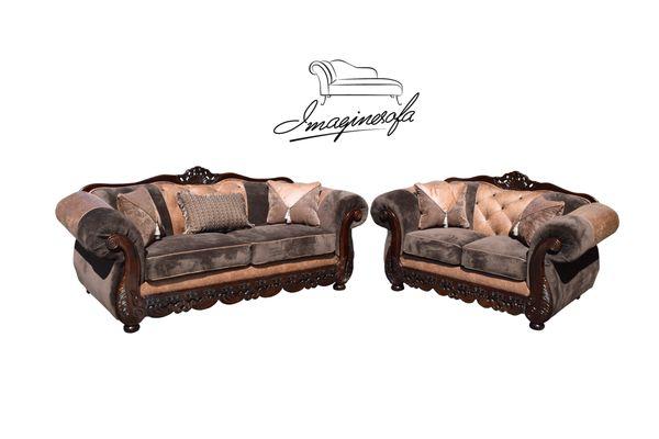 Savannah Sofa and Loseat, beautiful wood time set and shown in perfect match fabric, velvet and leather look