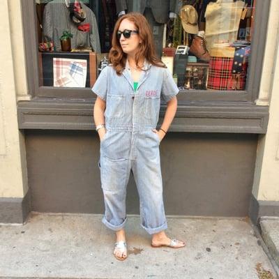 Victoria wearing some vintage coveralls as a casual piece.