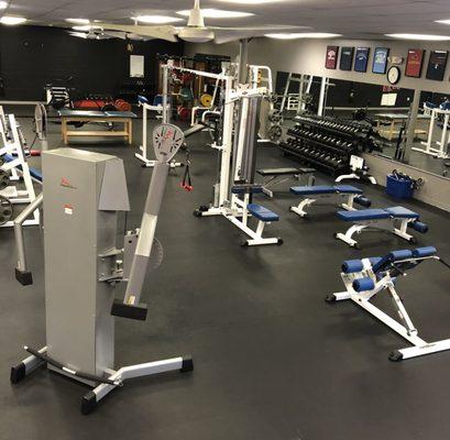 Overview of Weight Room floor: Adjustable cable stacks, Seated Row, Lat Pull Down, Free Range Motion Machine and more!