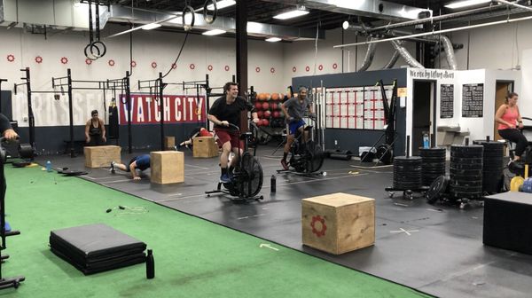 5:30 pm getting after the fan bikes and burpee box jumps