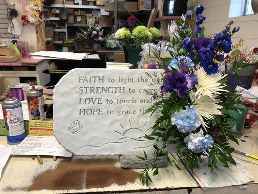 Memorial stone with floral side piece