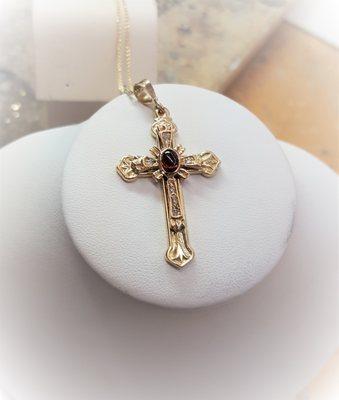 ROS Original 14k yellow gold cross pendant with garnet & diamonds.