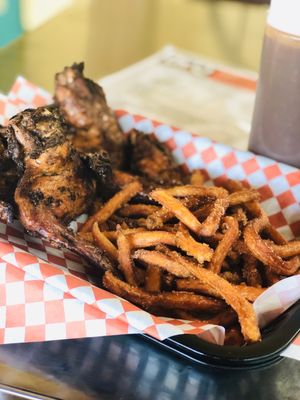 Jerk Wings and Sweet Potato Fries