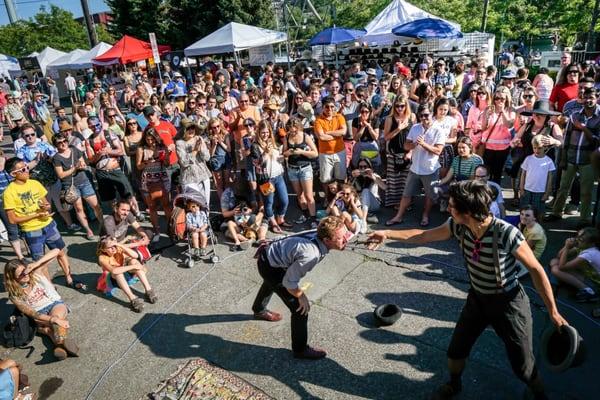 Buskers & entertainers abound at Fremont Solstice, where 100,000 guests celebrate summer in the Center of the Universe.