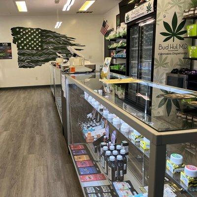 Check out counter displaying some of our  products at Gooee Dispensary Lawton, OK.