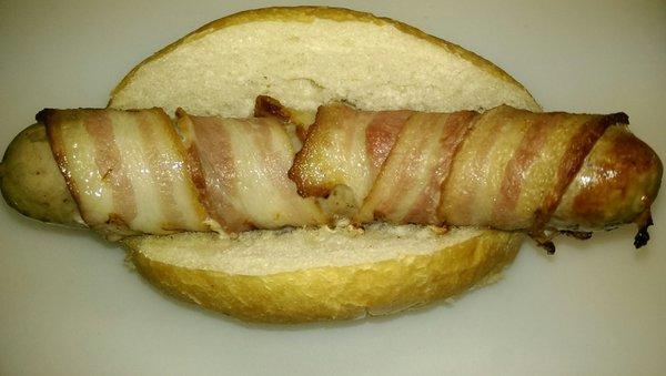 The Wi beer and cheese brat wrapped in bacon, very good, my creation. I like to keep good sausage simple with no extras.