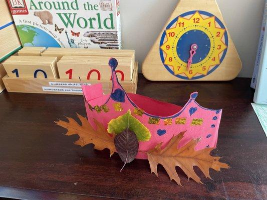 Nature princess / prince crown art work with colorful leaves collected from our nature walk.