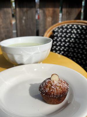 Matcha latte and almond financier.