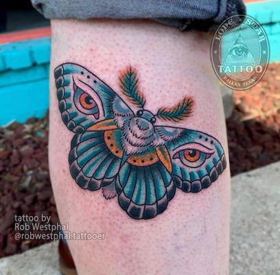 Trippy moth tattoo designed and tattooed by @robwestphal.tattooer. Fill out the contact form on our website (link in bio) or call the shop