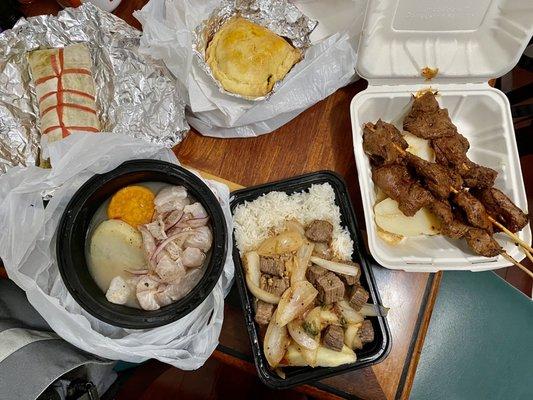 Clockwise from the top left: Tamale, Emapanda, Anticucho, Lomo Saltado, Ceviche de Pescado