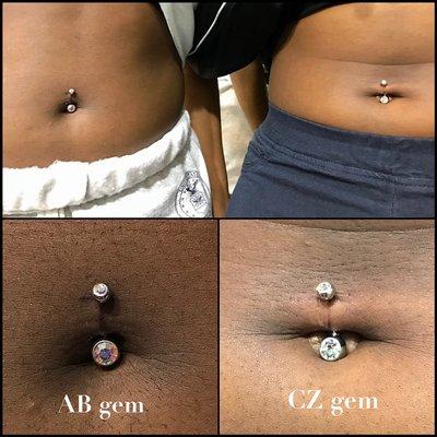 Sister belly button piercings with steel gemmed barbells by Andrea