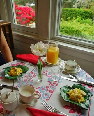 Breakfast fruit: mango, pineapple, banana