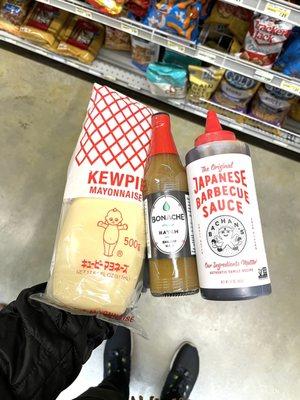 The best sauces! Kewpie Mayo, Bonache Hatch hot sauce and Bachan's Japanese Barbecue sauce.