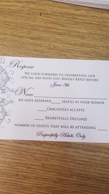 The response card with envelope (not pictured) for guests to RSVP.