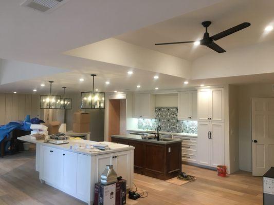 Project in progress- Kitchen lighting, recessed lights and oversized hanging pendants, ceiling fan