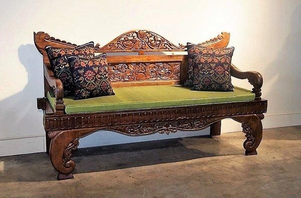 Hand Carved Reclaimed Teak Indonesian Bench at Gado Gado