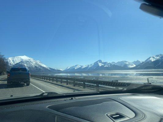 Traveling the Seward Highway coming around the Turnagain Arm