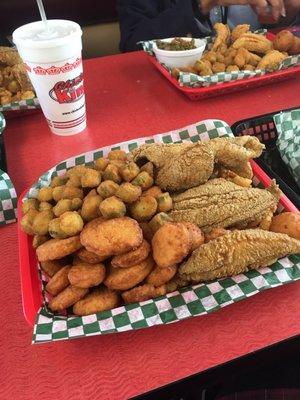 3 Pick Combo at Chicken King in Chester, SC! I got trout, perch, and shrimp, okra and squash on the side Chicken fingers was the 4th pick.